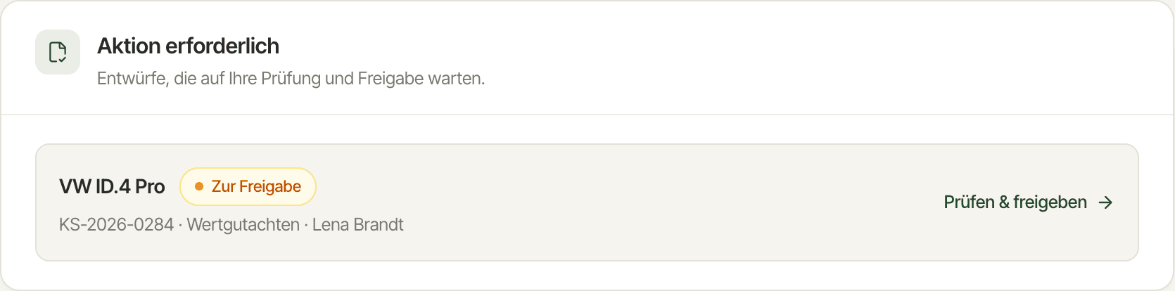 „Action required“ card from the DIAVAG dashboard: an order is waiting for approval by the expert appraiser
