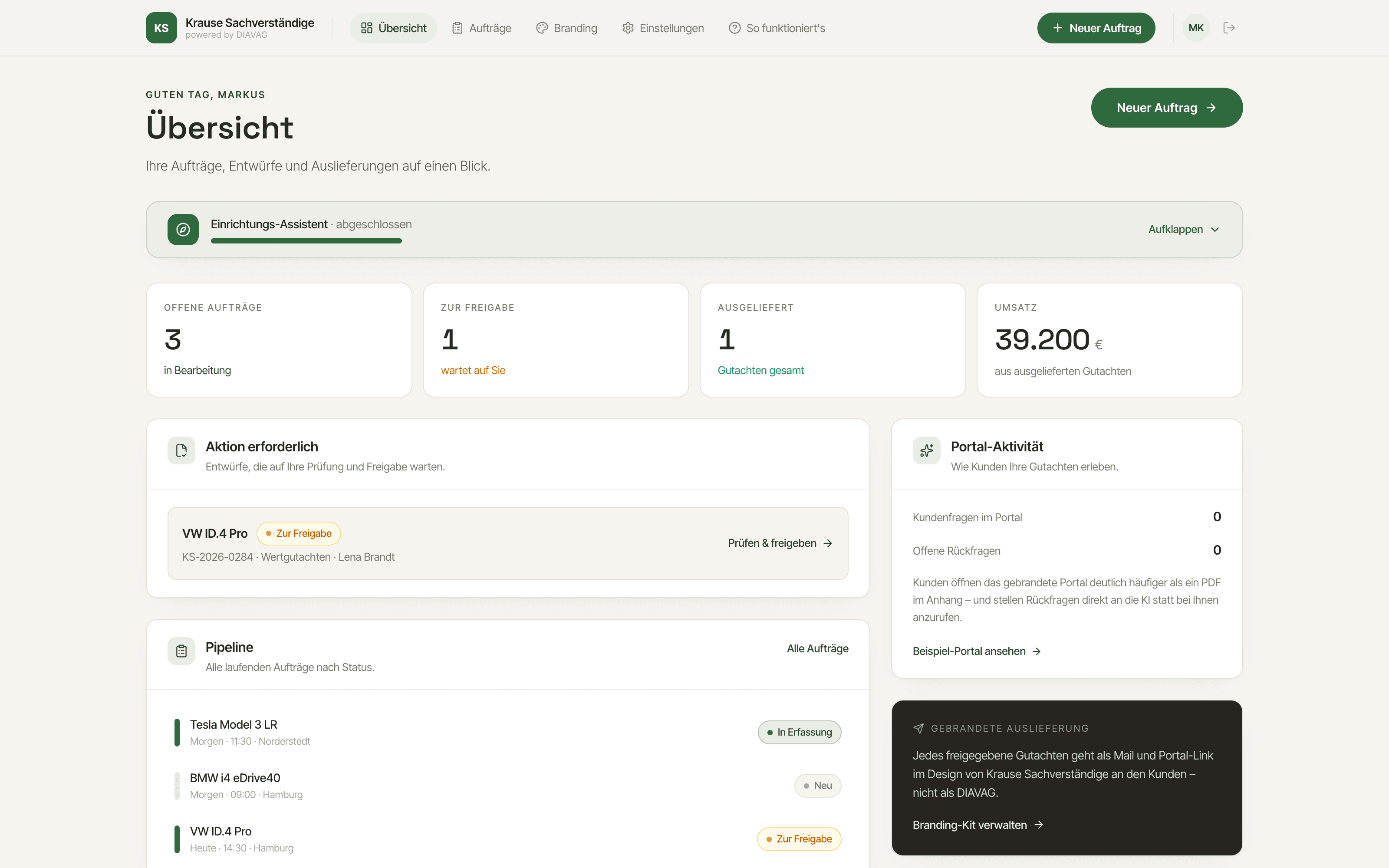 DIAVAG platform: dashboard with key figures, job pipeline and portal activity