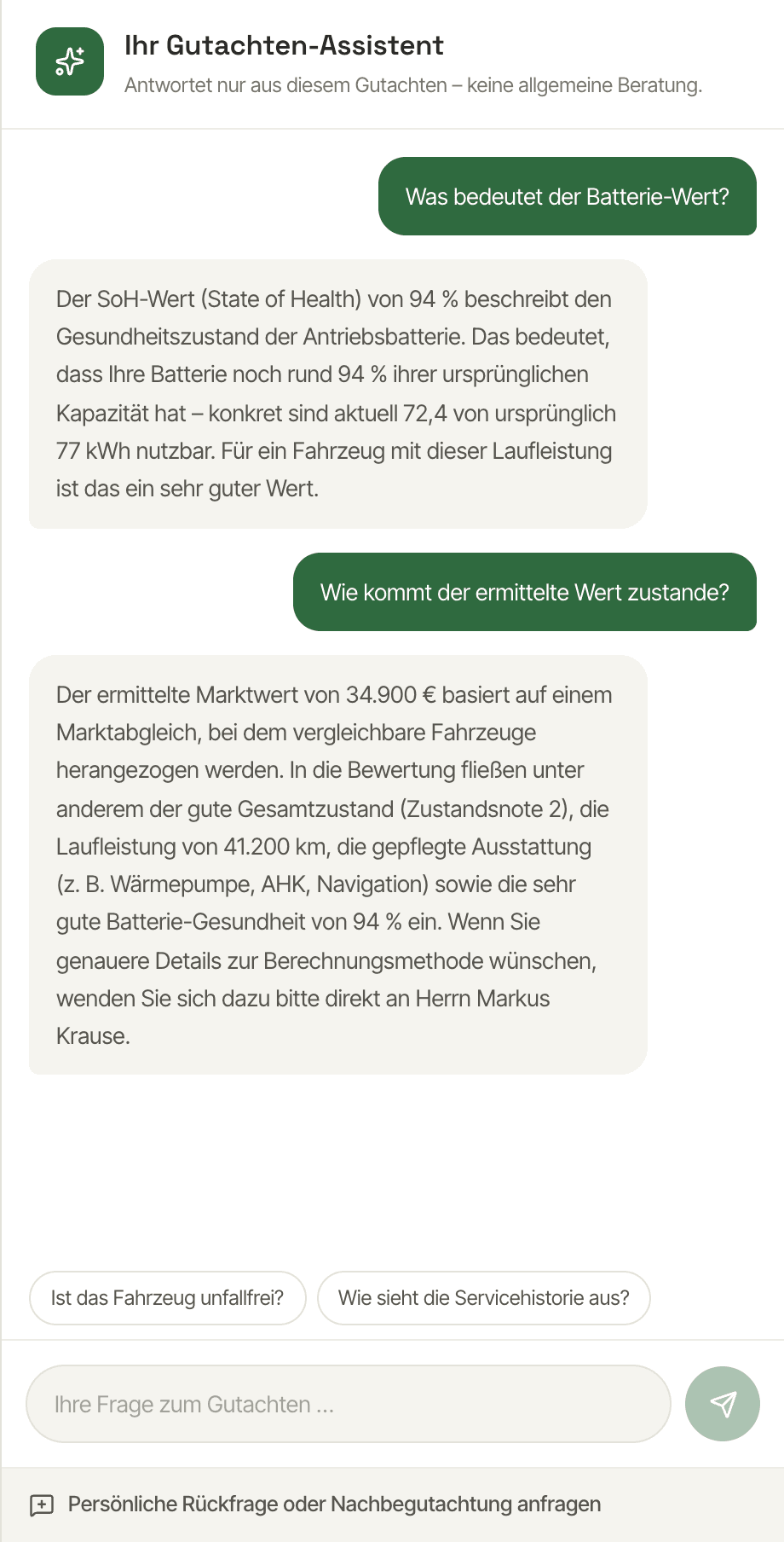 AI chat in the DIAVAG customer portal: the customer asks about the battery value and the valuation, and the chat answers straight from the appraisal
