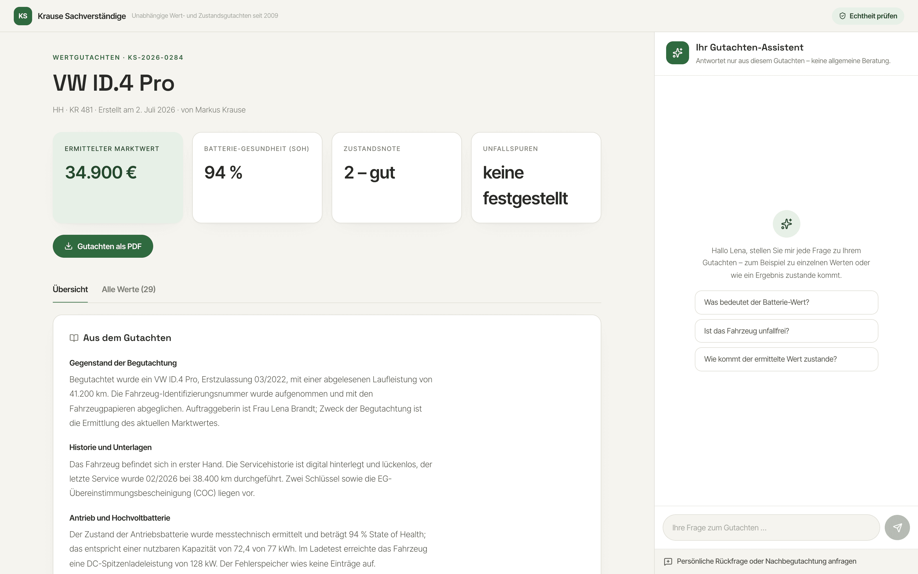 Client portal in the appraisal office's branding: appraisal with PDF download, overview tiles, and AI chat for questions
