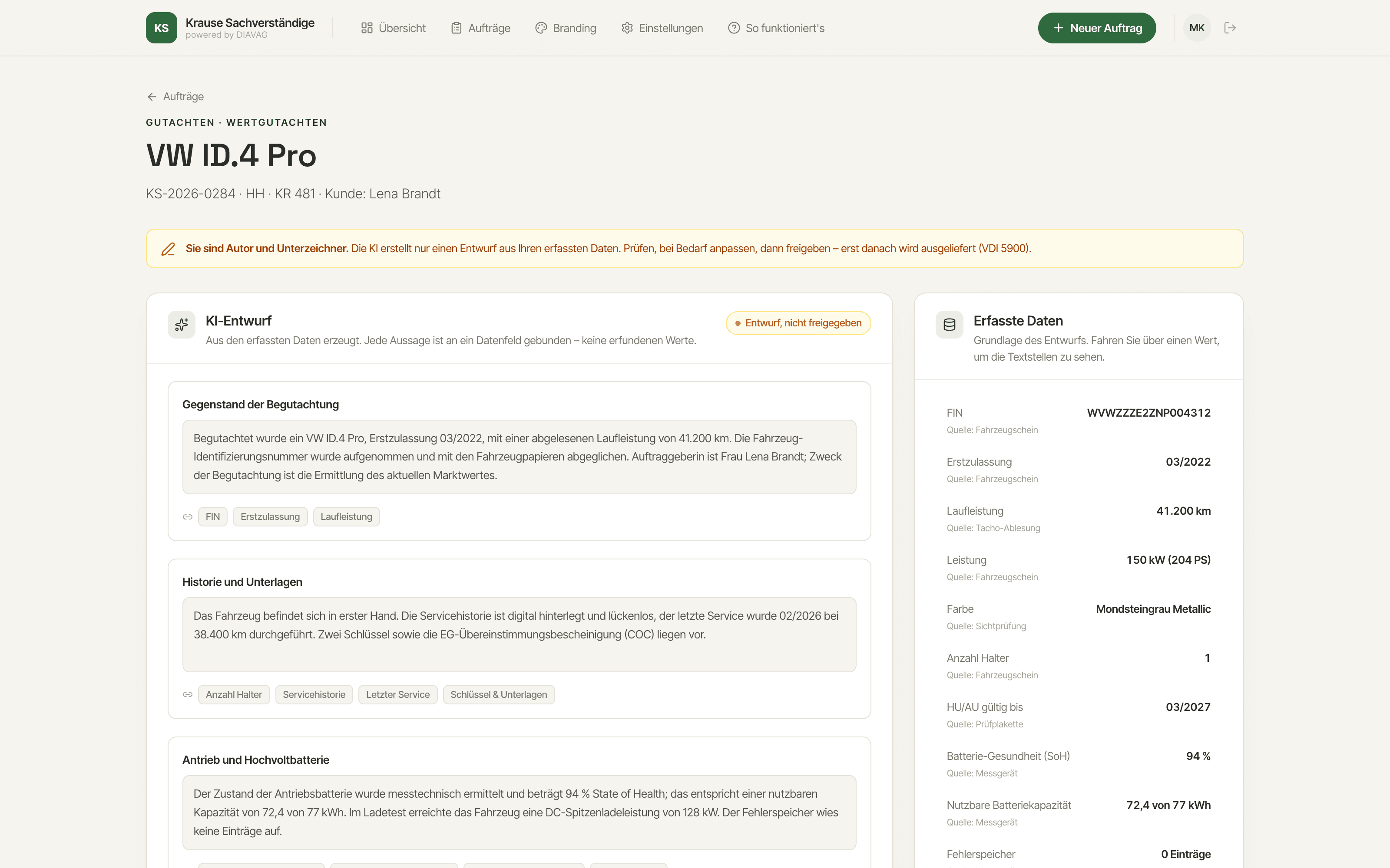 Review view of the DIAVAG platform: the AI draft alongside the captured data such as VIN, first registration and battery health